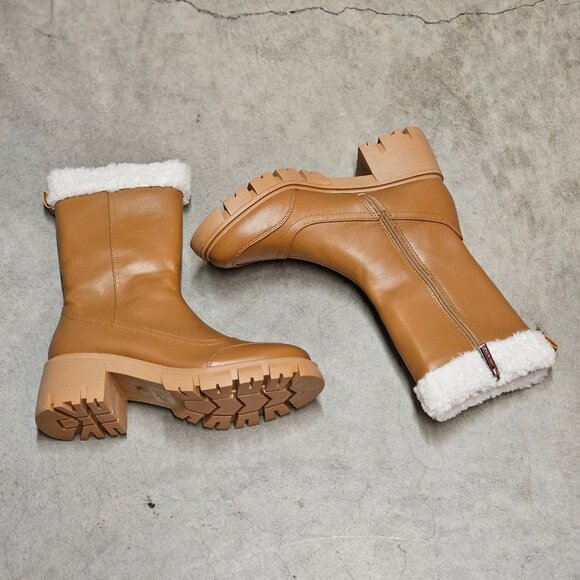 Womens Tan Faux Leather Mid-Calf Boots With Chunky Sole & Faux Shearling Trim - Picture 6 of 6